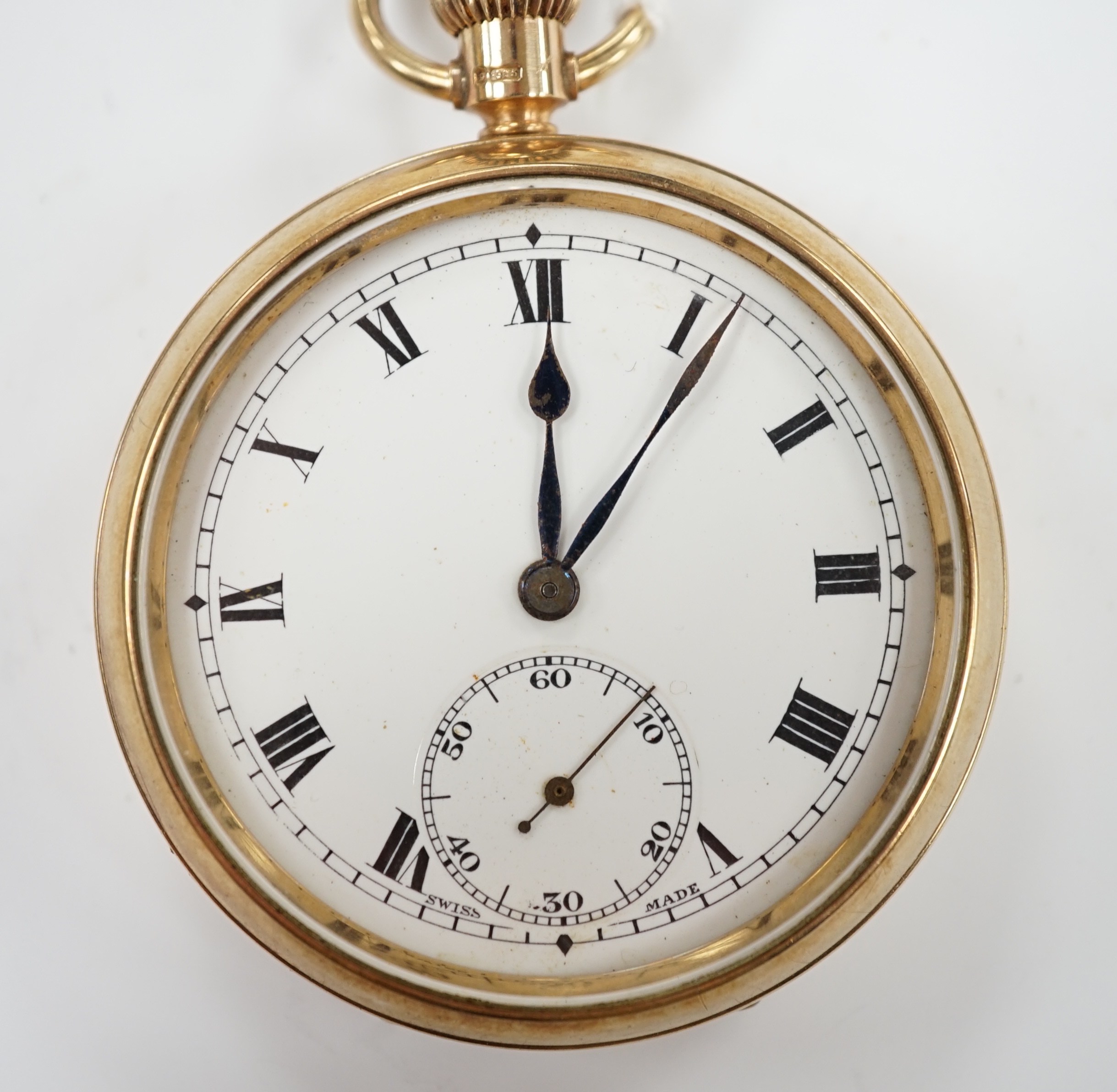 A George V 9ct gold open face keyless pocket watch, with Roman dial and subsidiary seconds, case diameter 50mm, gross weight 91.7 grams.